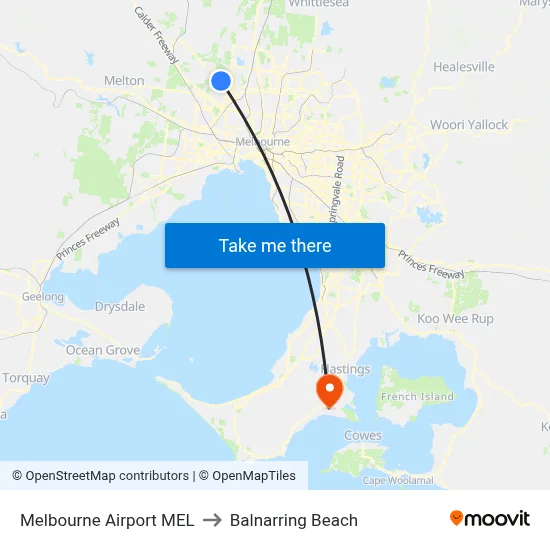 Melbourne Airport MEL to Balnarring Beach map
