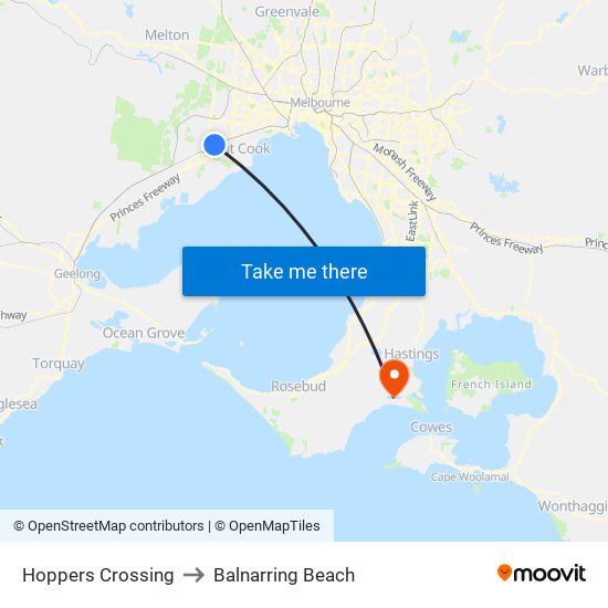 Hoppers Crossing to Balnarring Beach map