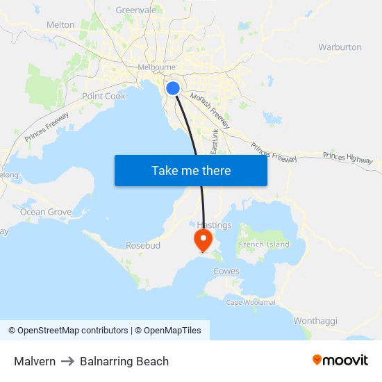 Malvern to Balnarring Beach map