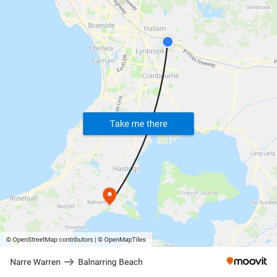 Narre Warren to Balnarring Beach map