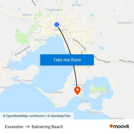 Essendon to Balnarring Beach map