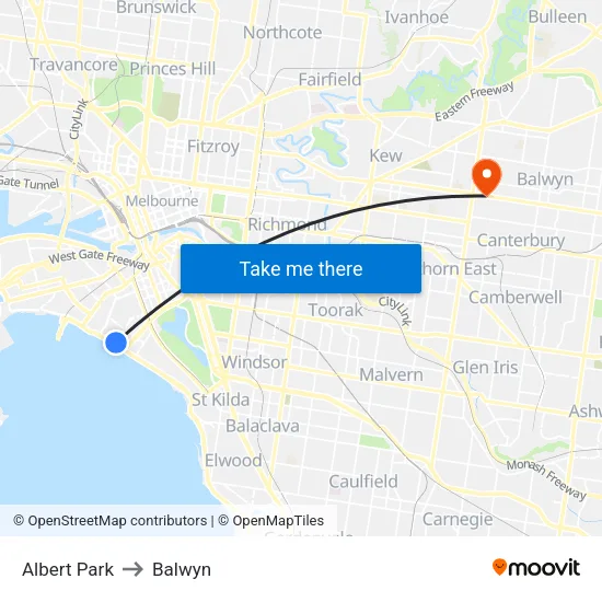 Albert Park to Balwyn map