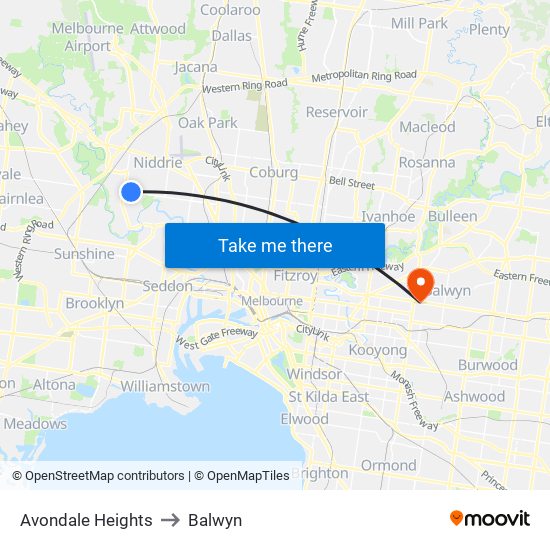 Avondale Heights to Balwyn map