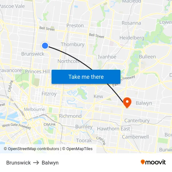 Brunswick to Balwyn map