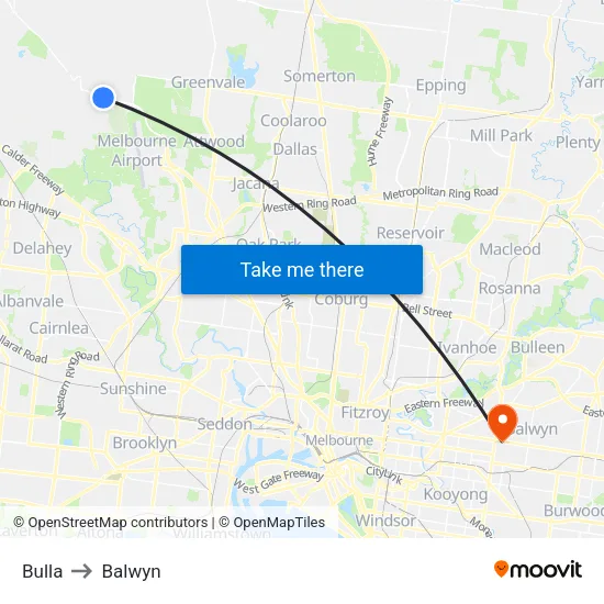 Bulla to Balwyn map