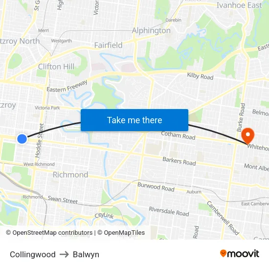 Collingwood to Balwyn map