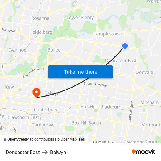 Doncaster East to Balwyn map