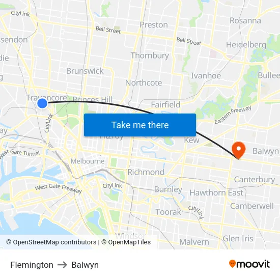 Flemington to Balwyn map