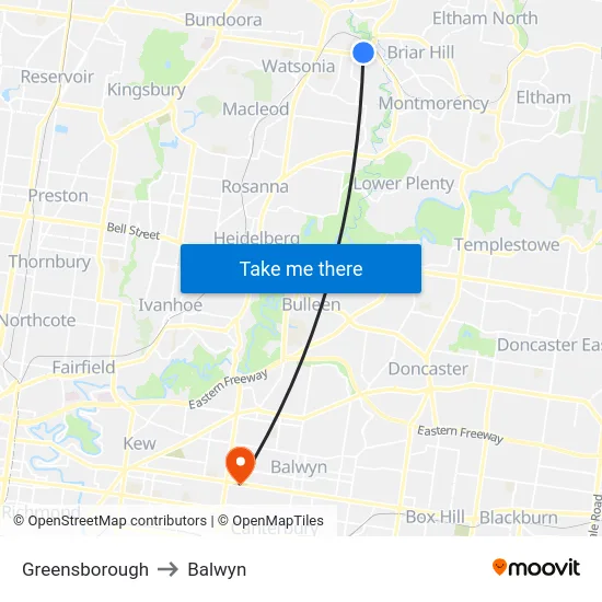 Greensborough to Balwyn map