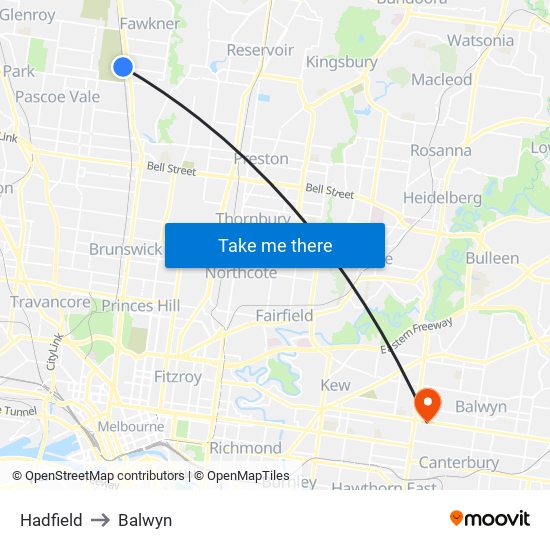 Hadfield to Balwyn map