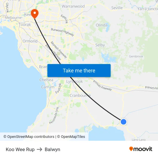 Koo Wee Rup to Balwyn map
