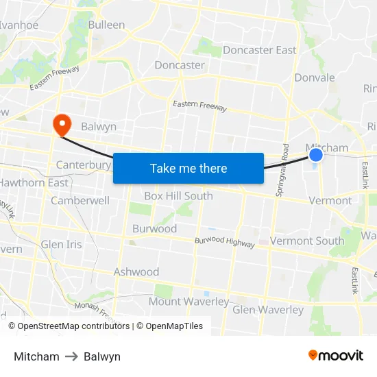Mitcham to Balwyn map
