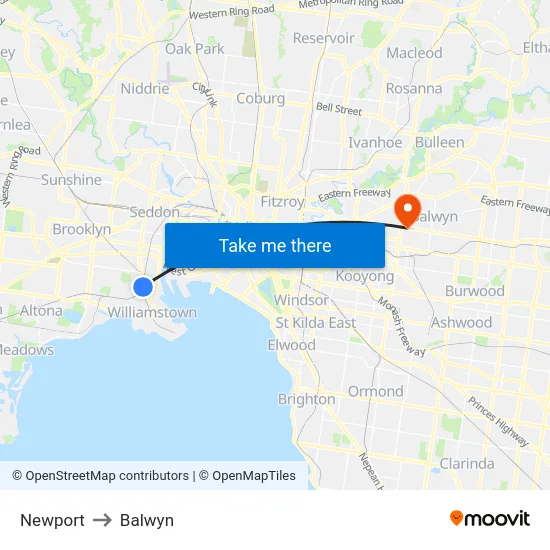 Newport to Balwyn map