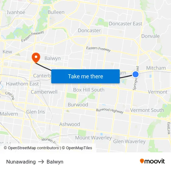 Nunawading to Balwyn map