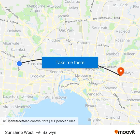 Sunshine West to Balwyn map