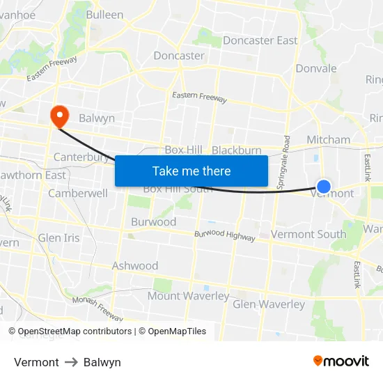 Vermont to Balwyn map