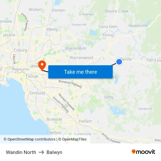 Wandin North to Balwyn map