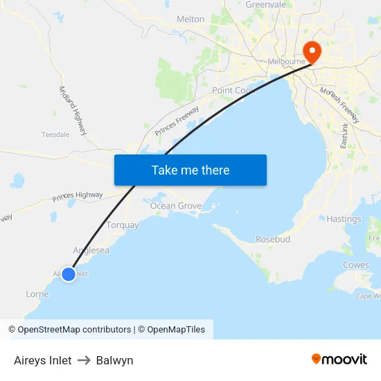 Aireys Inlet to Balwyn map