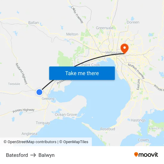 Batesford to Balwyn map