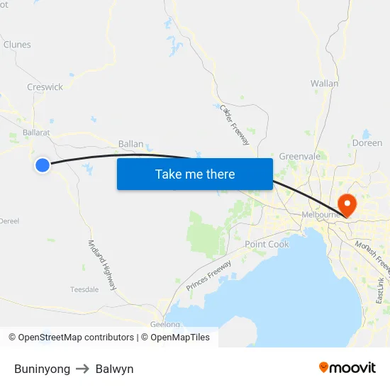 Buninyong to Balwyn map