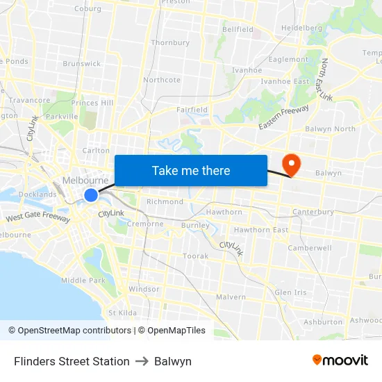 Flinders Street Station to Balwyn map