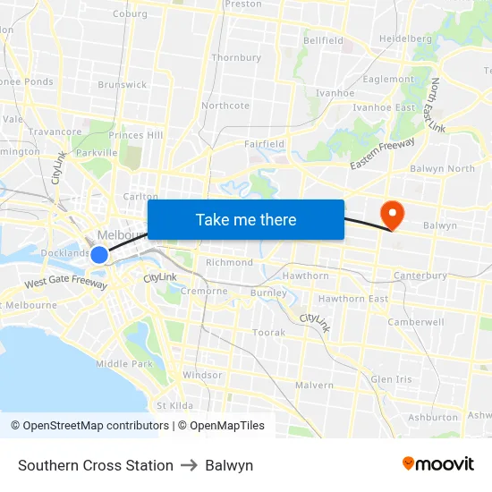Southern Cross Station to Balwyn map