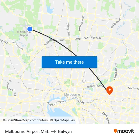 Melbourne Airport MEL to Balwyn map