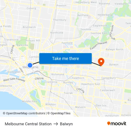 Melbourne Central Station to Balwyn map