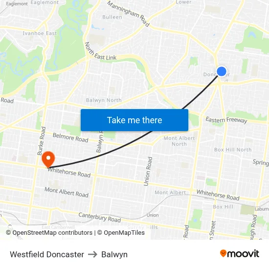 Westfield Doncaster to Balwyn map