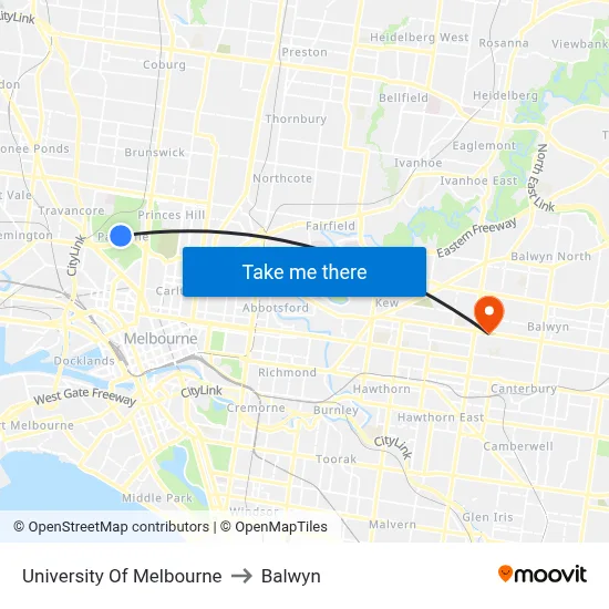 University Of Melbourne to Balwyn map