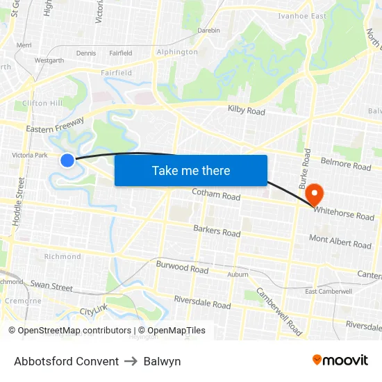 Abbotsford Convent to Balwyn map