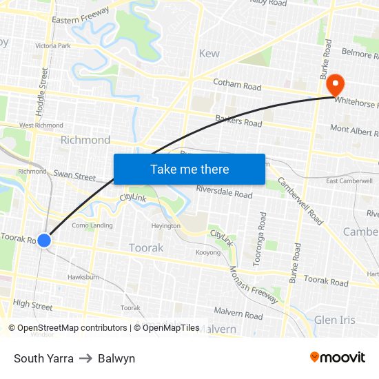 South Yarra to Balwyn map