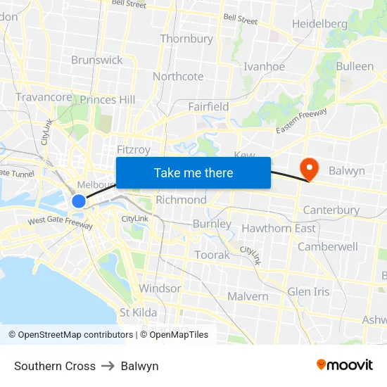 Southern Cross to Balwyn map