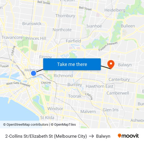 2-Collins St/Elizabeth St (Melbourne City) to Balwyn map