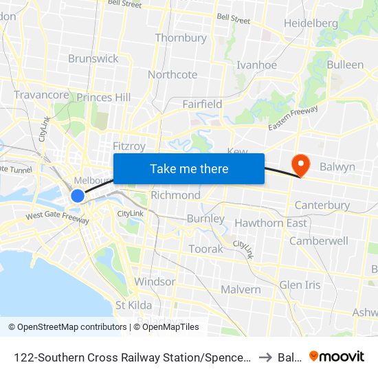 122-Southern Cross Railway Station/Spencer St (Melbourne City) to Balwyn map