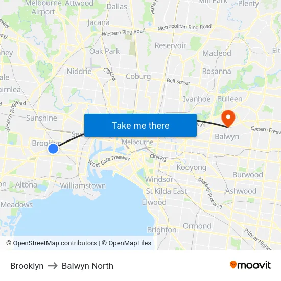 Brooklyn to Balwyn North map