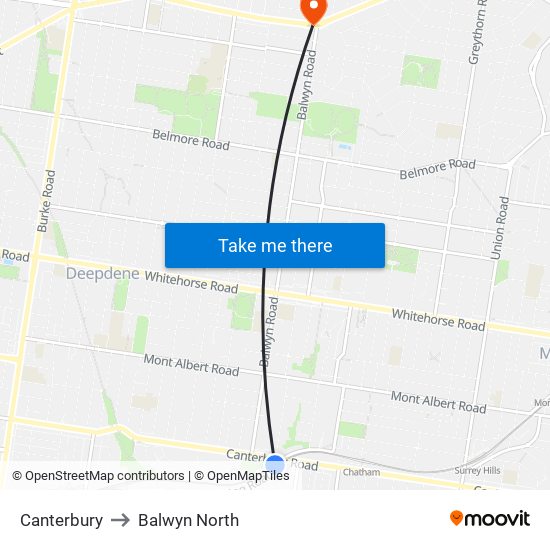 Canterbury to Balwyn North map