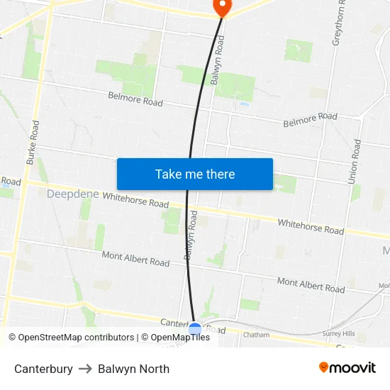 Canterbury to Balwyn North map