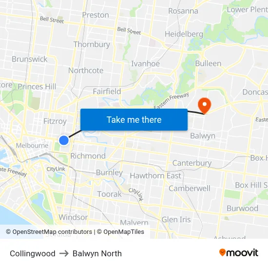 Collingwood to Balwyn North map