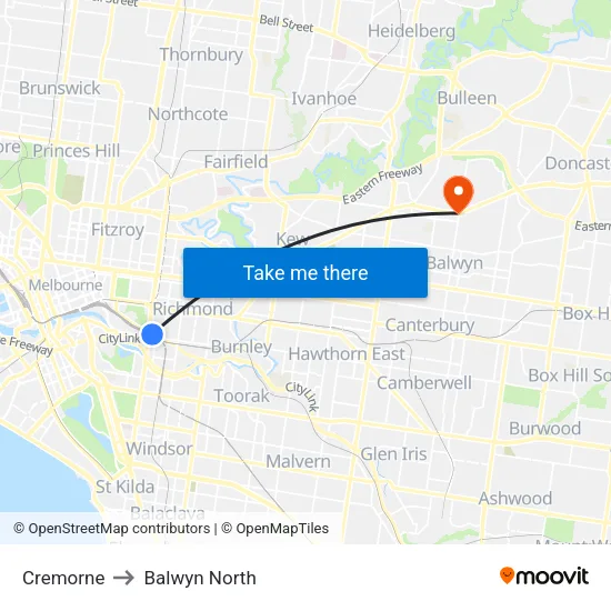 Cremorne to Balwyn North map