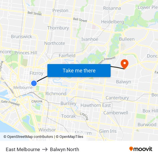 East Melbourne to Balwyn North map