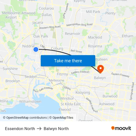 Essendon North to Balwyn North map