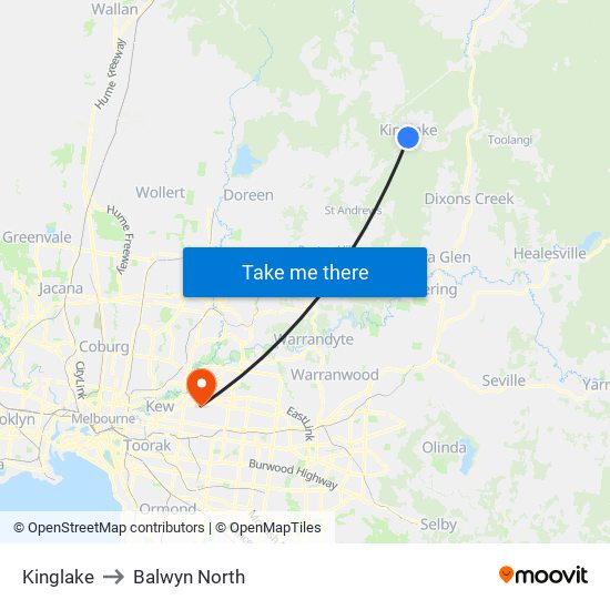 Kinglake to Balwyn North map