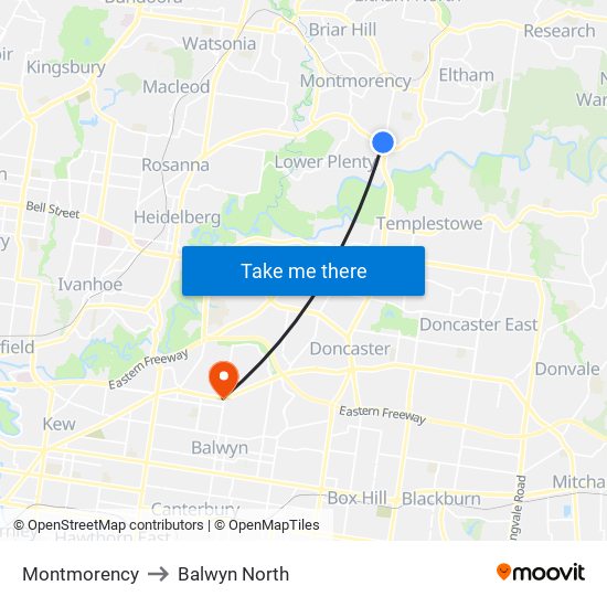 Montmorency to Balwyn North map