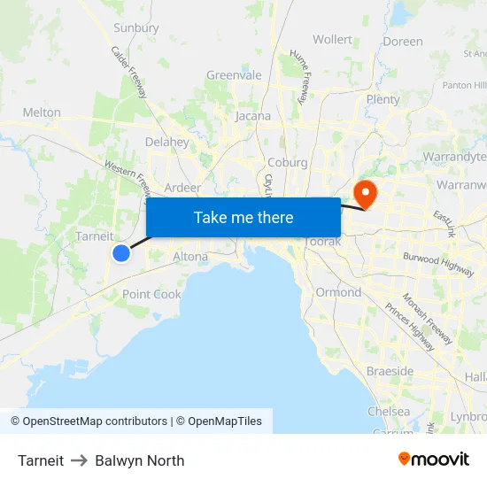 Tarneit to Balwyn North map