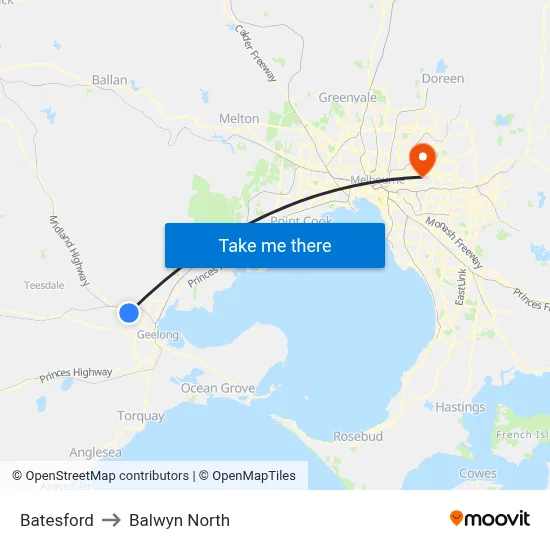Batesford to Balwyn North map