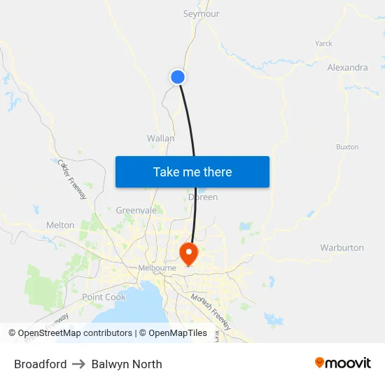 Broadford to Balwyn North map