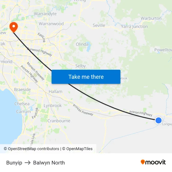 Bunyip to Balwyn North map