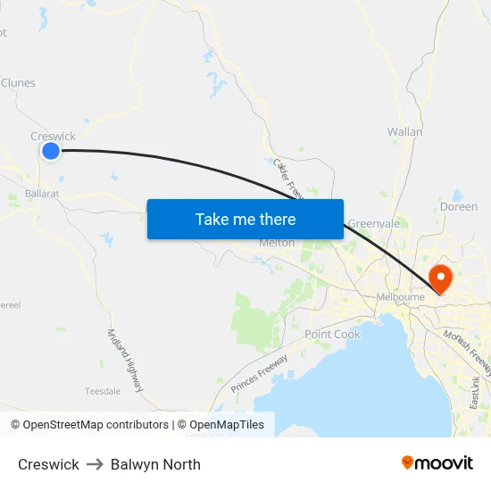 Creswick to Balwyn North map