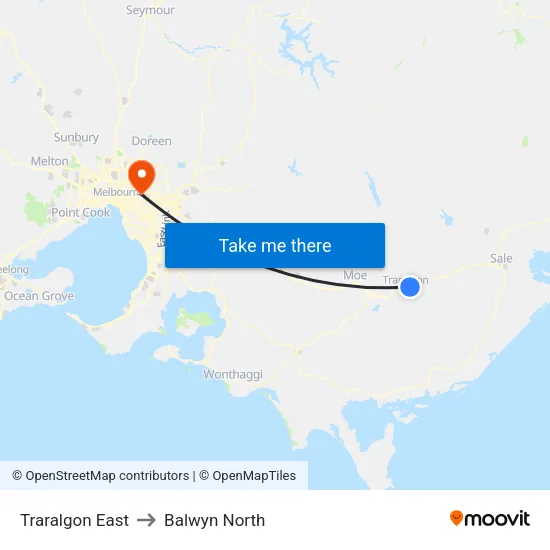 Traralgon East to Balwyn North map